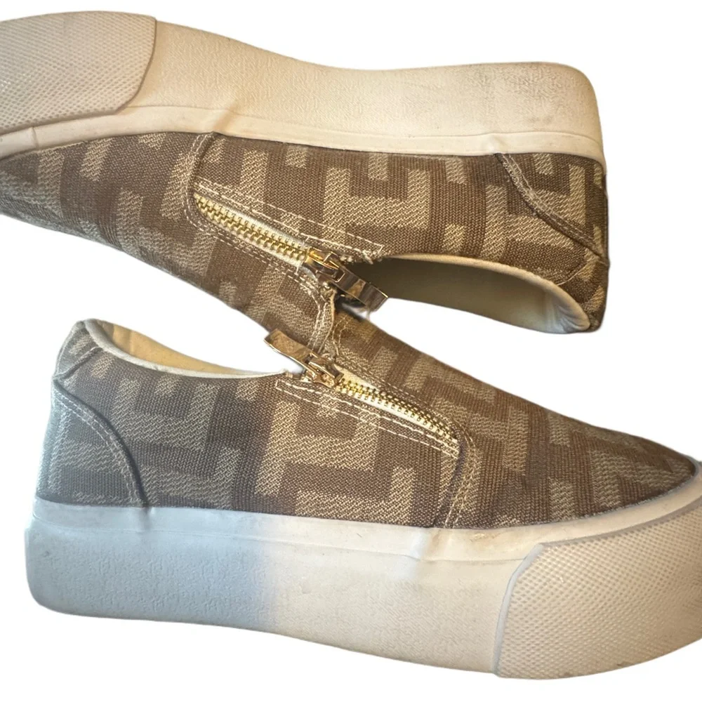 Show Dazzle- Beige Monogram Slip-On Sneakers w/ Side Zip Detail